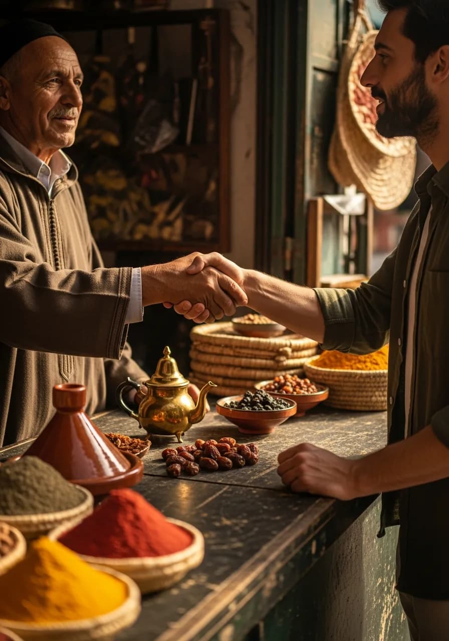 Deux hommes se serrant la main dans un marché marocain